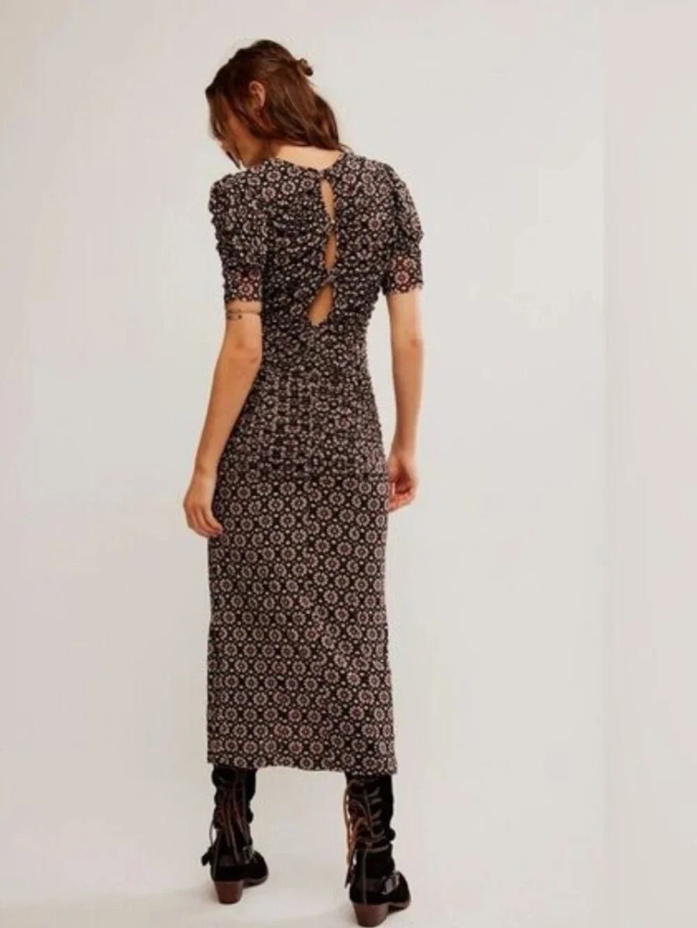 Free People Briella Midi Dress - Black with Cream Print (Flaw) - Picture 2 of 6